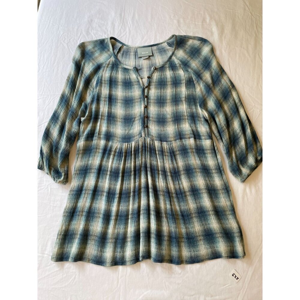 Anthropologie Maeve Women's Small Plaid Tunic Top 100% Rayon Button Front